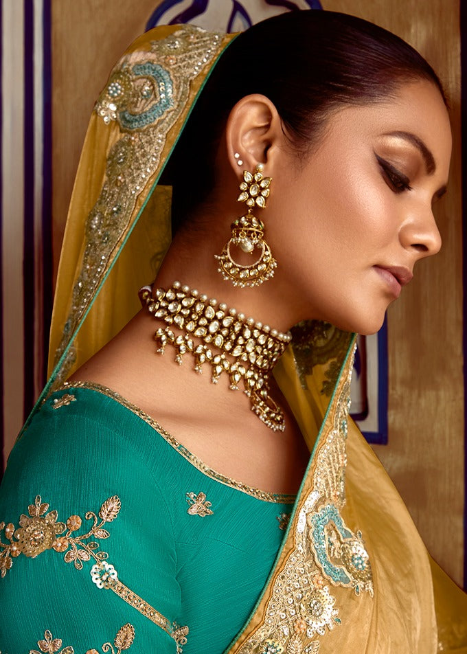 Golden Organza Tissue Silk Embroidered Saree With Contrast Blue Blouse