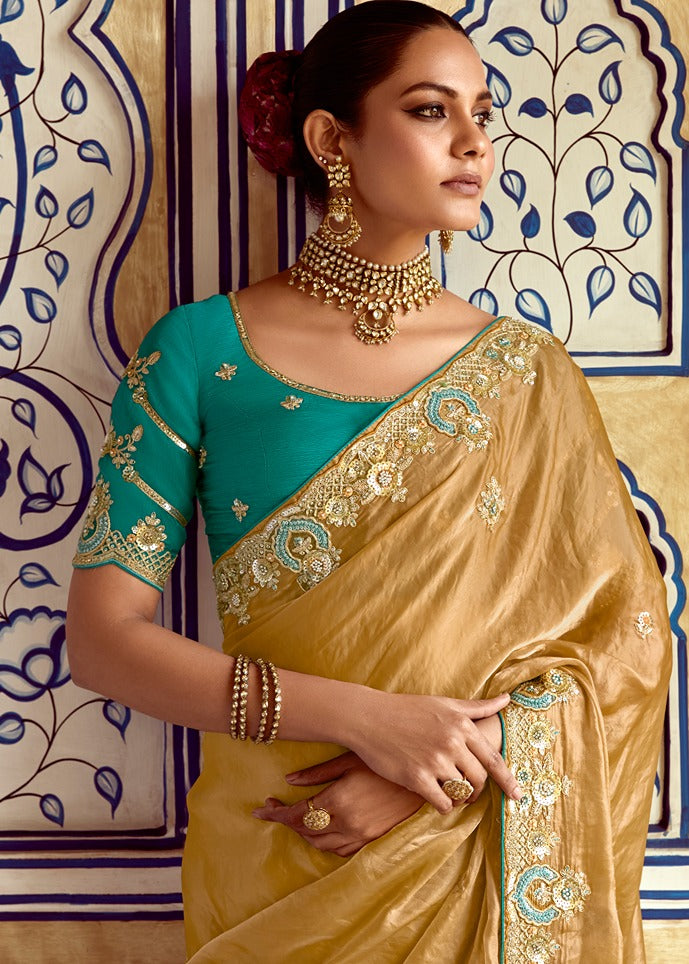 Golden Organza Tissue Silk Embroidered Saree With Contrast Blue Blouse