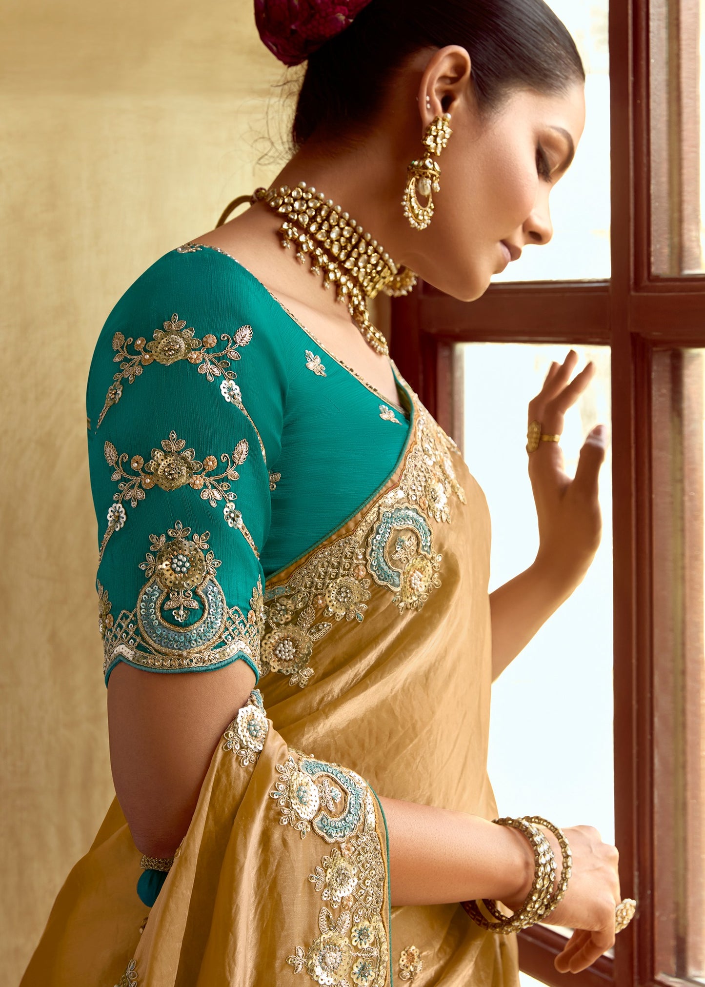Golden Organza Tissue Silk Embroidered Saree With Contrast Blue Blouse