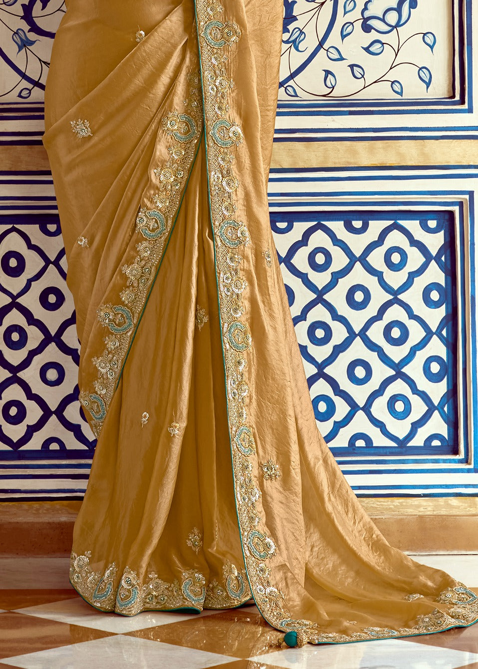 Golden Organza Tissue Silk Embroidered Saree With Contrast Blue Blouse