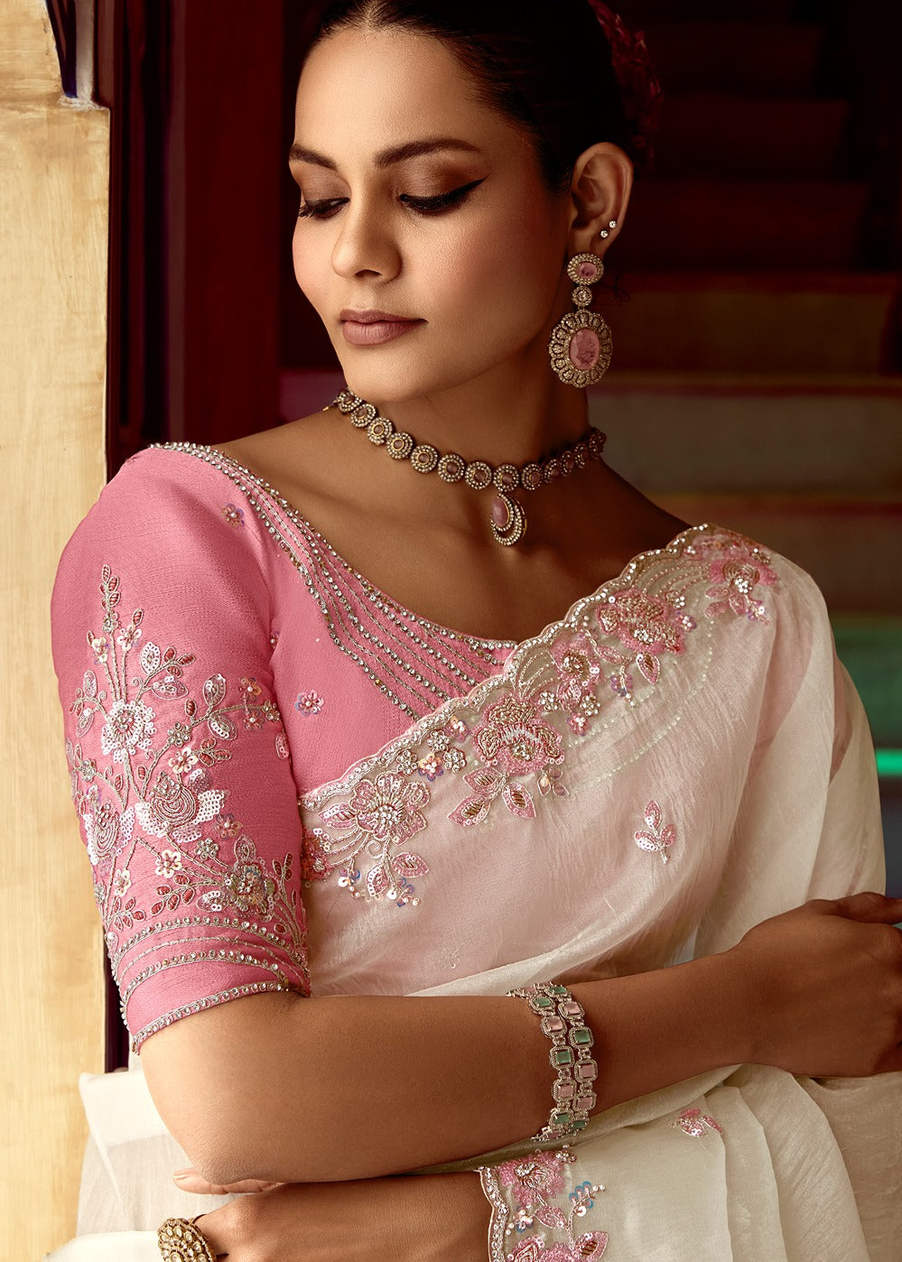 White Organza Tissue Silk Embroidered Saree With Contrast Pink Blouse