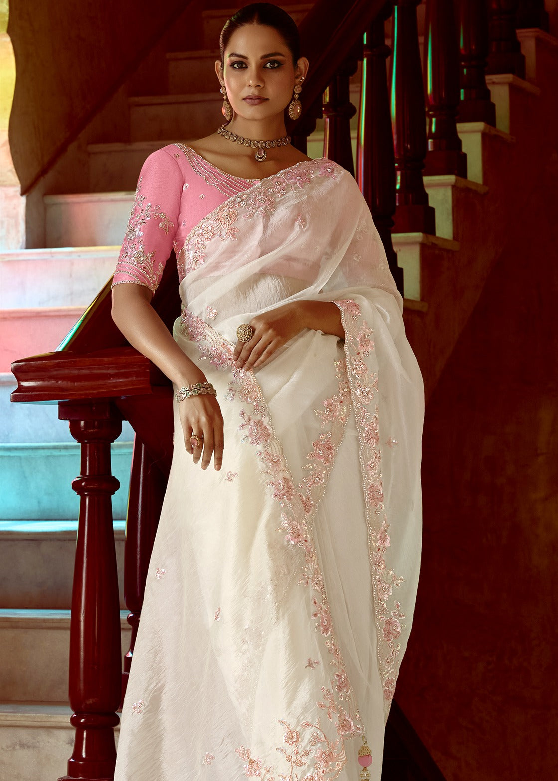 White Organza Tissue Silk Embroidered Saree With Contrast Pink Blouse