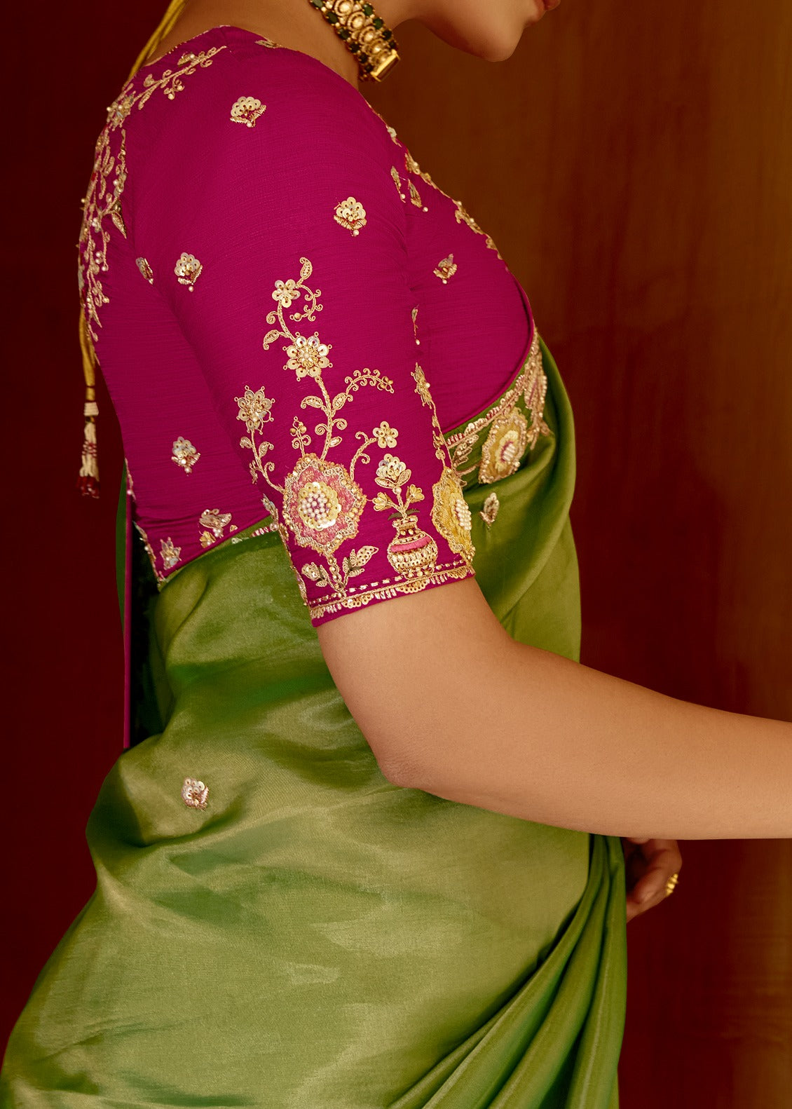 Green Organza Tissue Silk Embroidered Saree With Contrast Pink Blouse