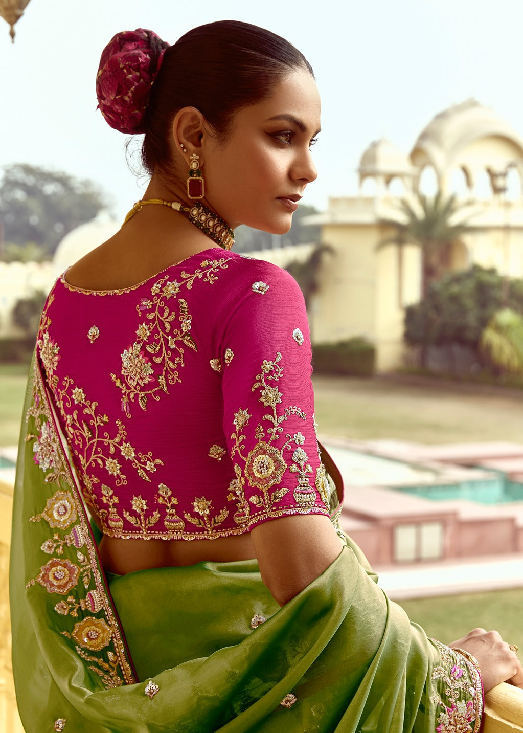 Green Organza Tissue Silk Embroidered Saree With Contrast Pink Blouse