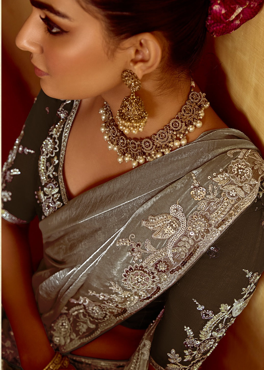 Silver Organza Tissue Silk Embroidered Saree With Contrast Black Blouse