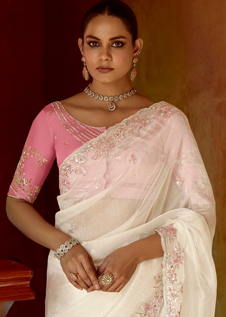 White Organza Tissue Silk Embroidered Saree With Contrast Pink Blouse