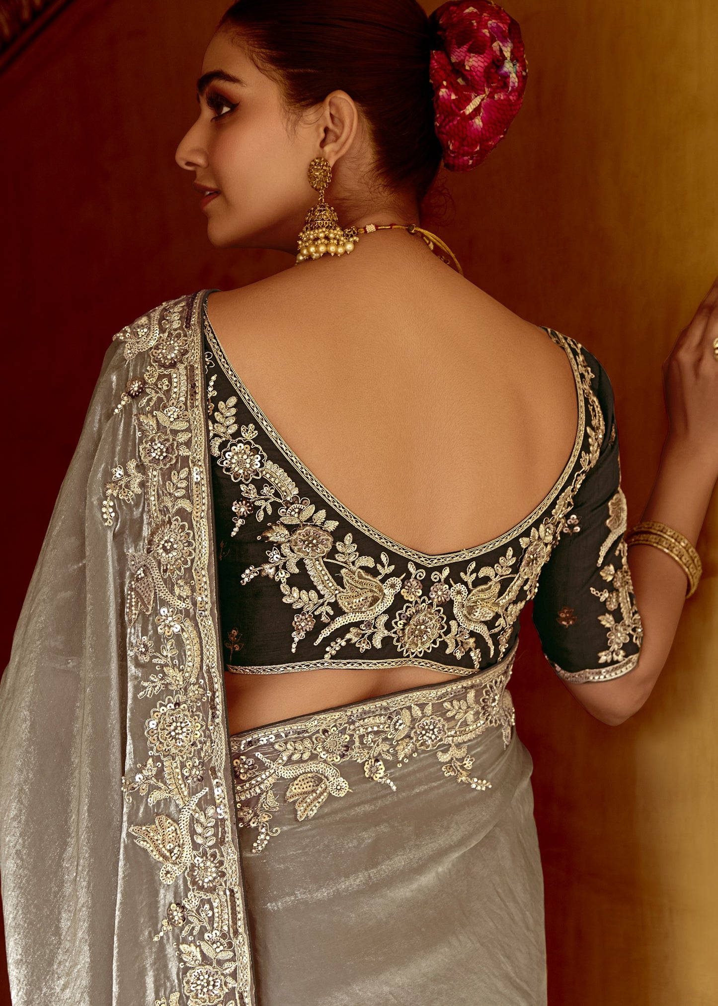 Silver Organza Tissue Silk Embroidered Saree With Contrast Black Blouse