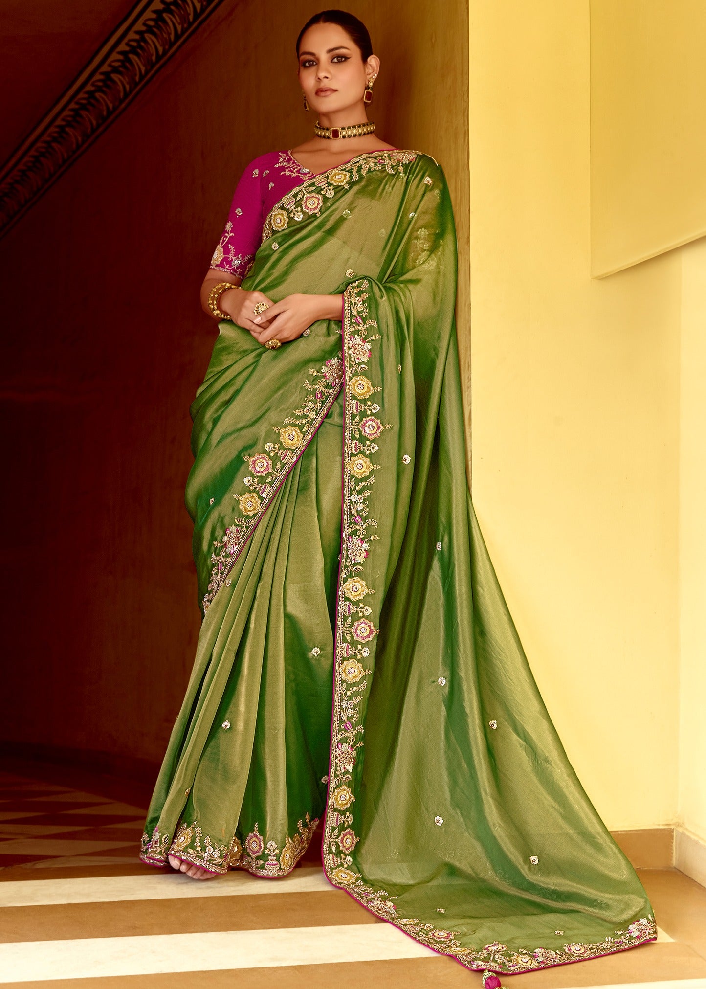 Green Organza Tissue Silk Embroidered Saree With Contrast Pink Blouse