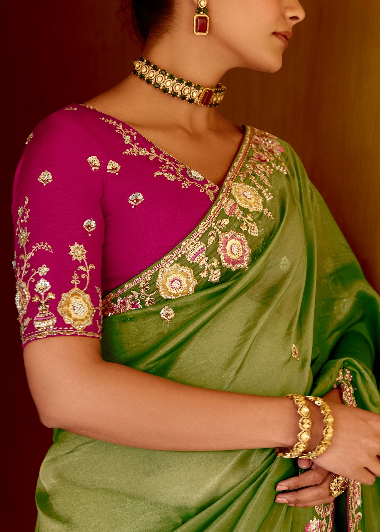 Green Organza Tissue Silk Embroidered Saree With Contrast Pink Blouse