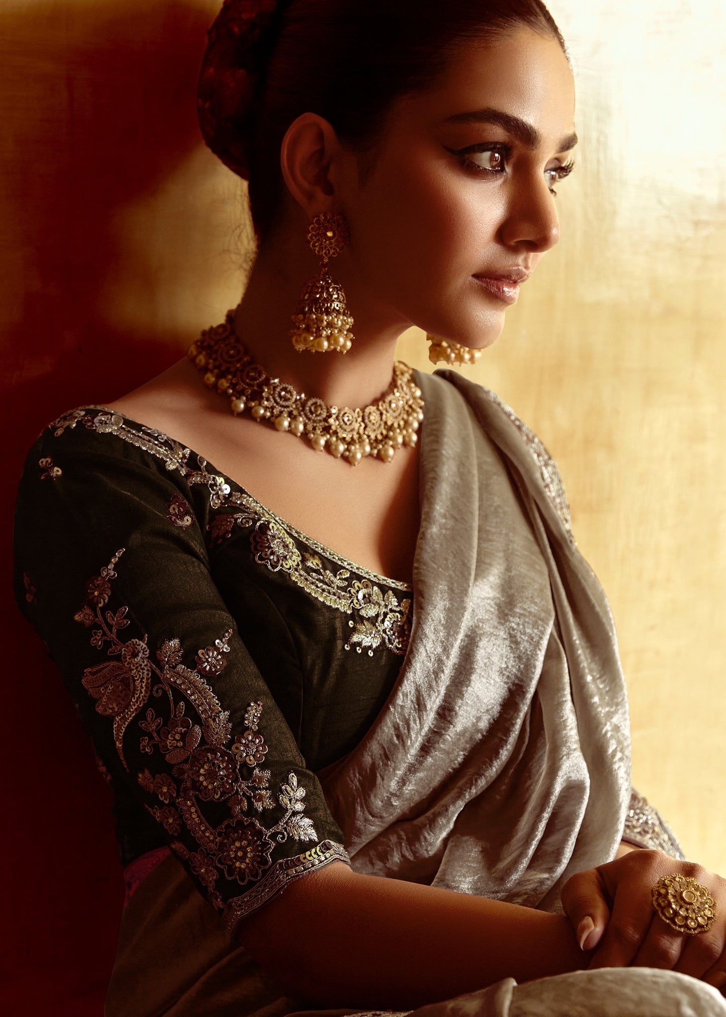 Silver Organza Tissue Silk Embroidered Saree With Contrast Black Blouse
