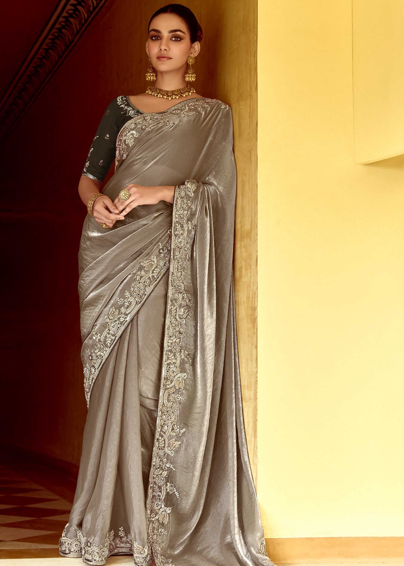 Silver Organza Tissue Silk Embroidered Saree With Contrast Black Blouse