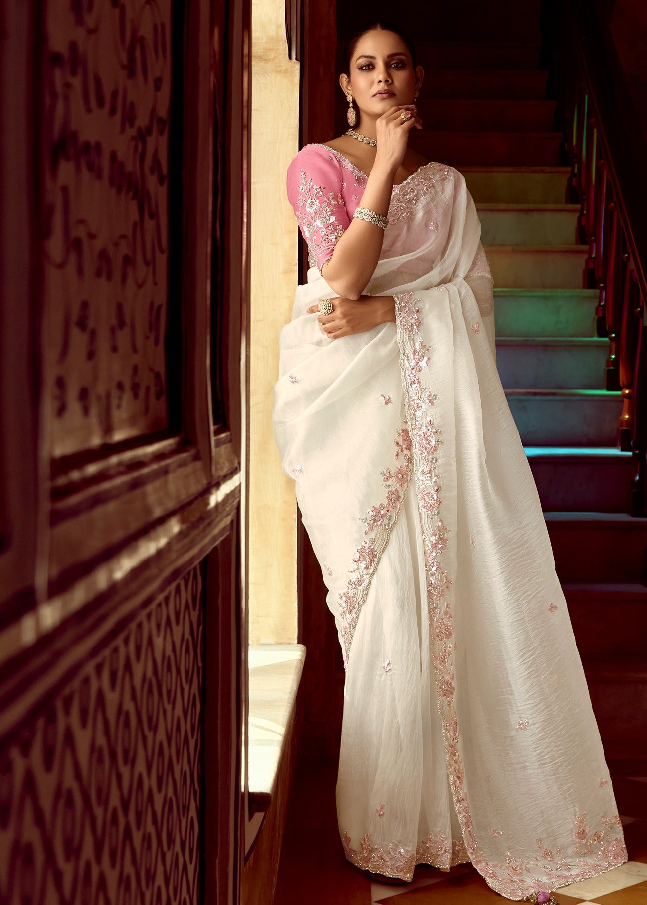 White Organza Tissue Silk Embroidered Saree With Contrast Pink Blouse