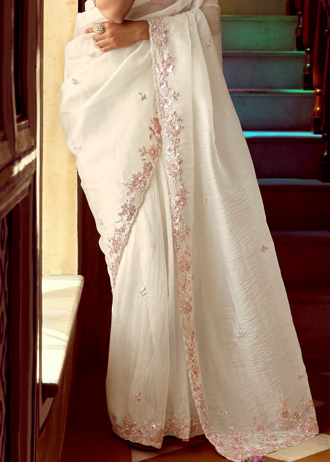 White Organza Tissue Silk Embroidered Saree With Contrast Pink Blouse