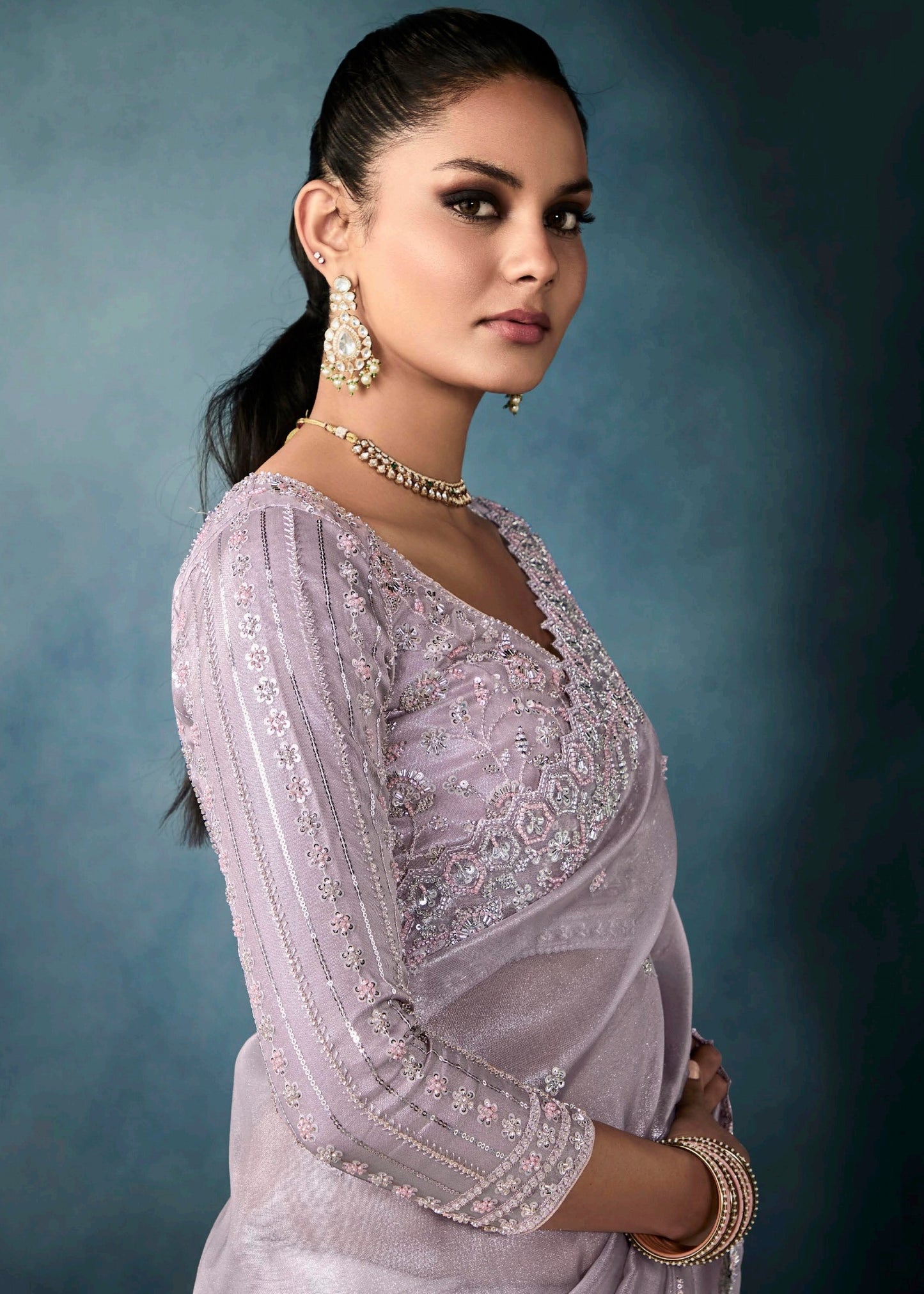 Lilac Purple Designer Tissue Saree With Sequins & Bead Work Embroidery