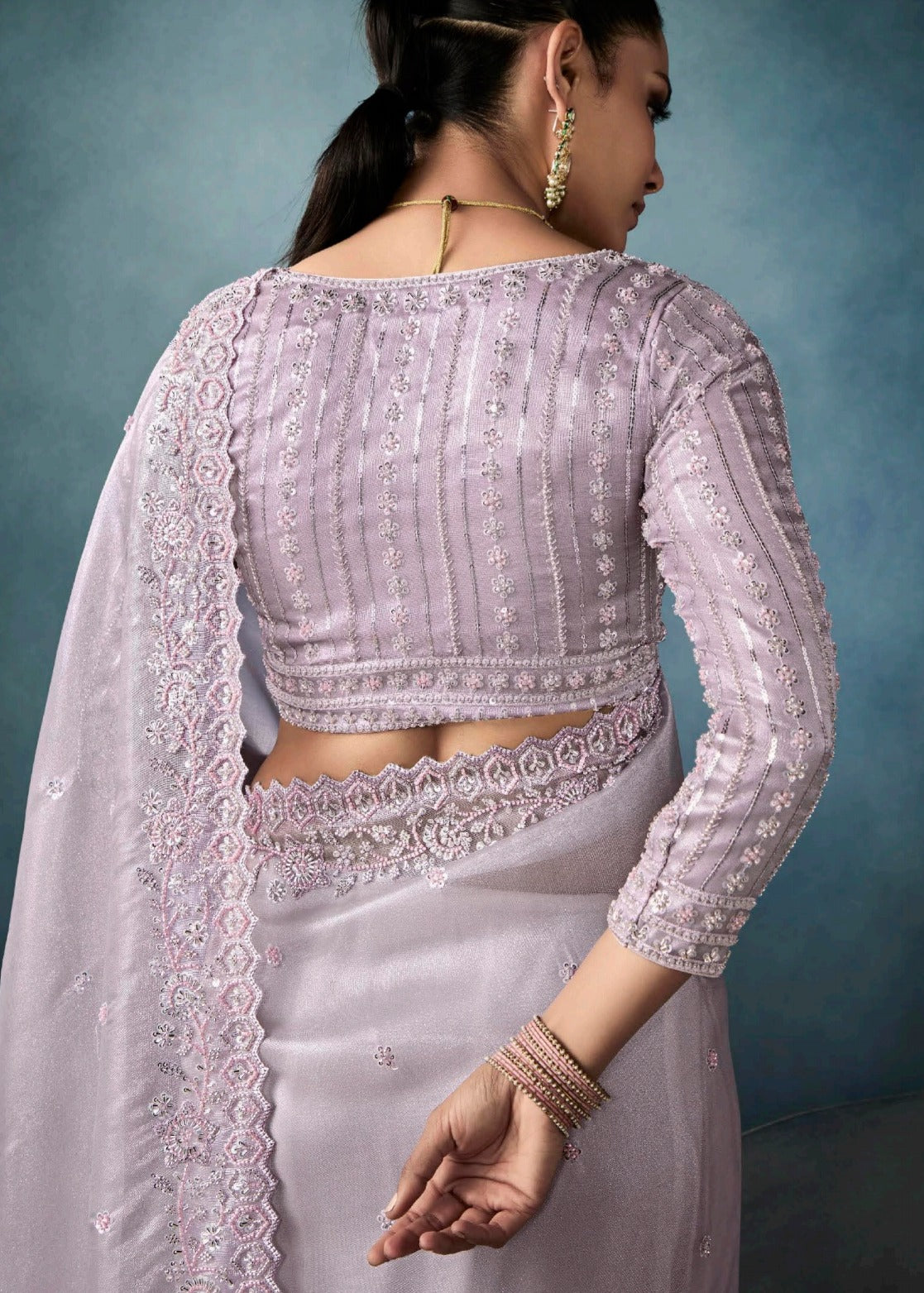 Lilac Purple Designer Tissue Saree With Sequins & Bead Work Embroidery
