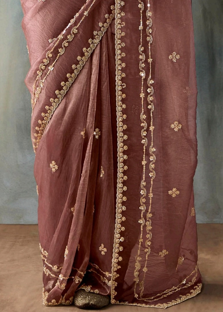 Brown Designer Tissue Saree With Sequins & Bead Work Embroidery