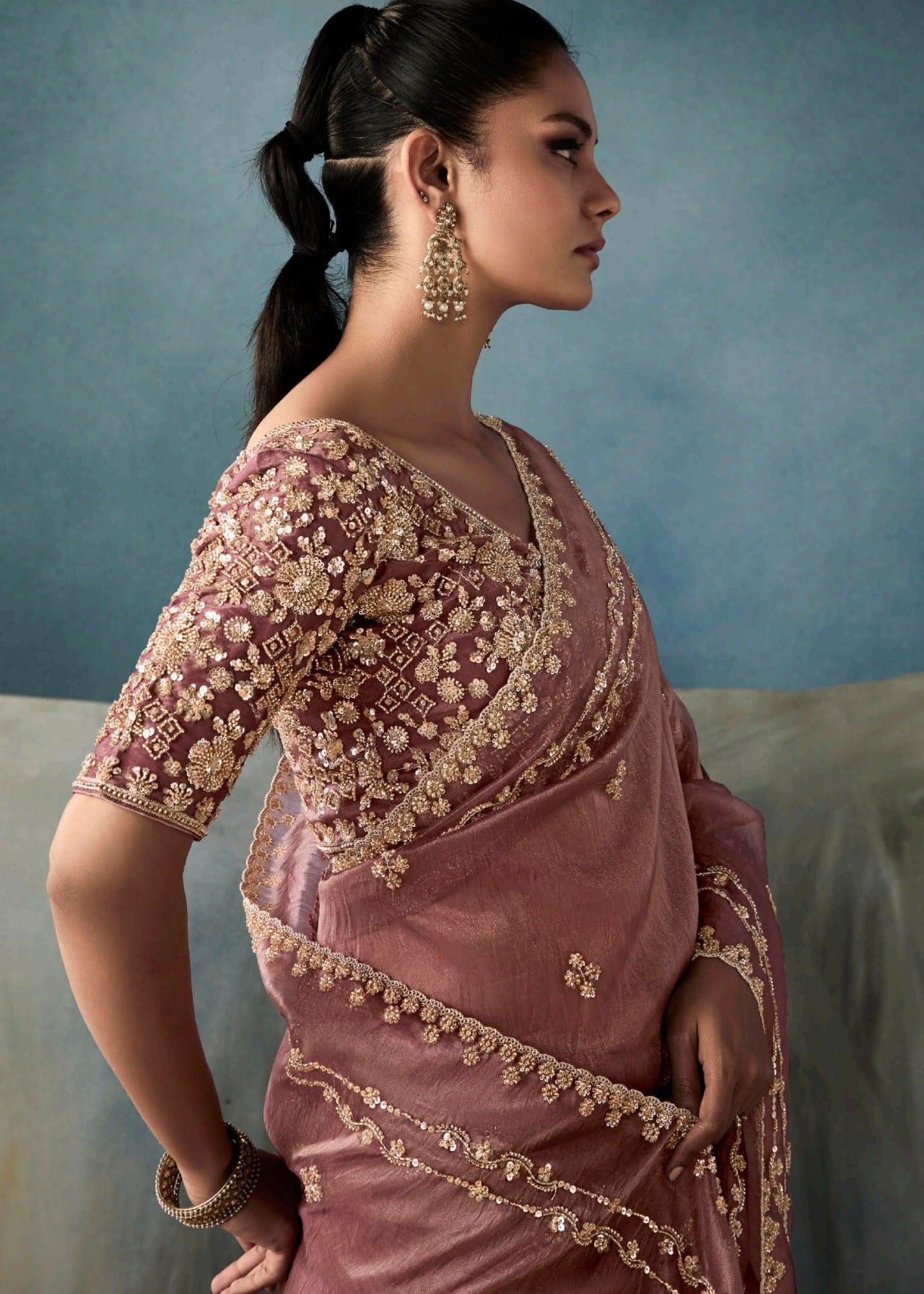 Brown Designer Tissue Saree With Sequins & Bead Work Embroidery