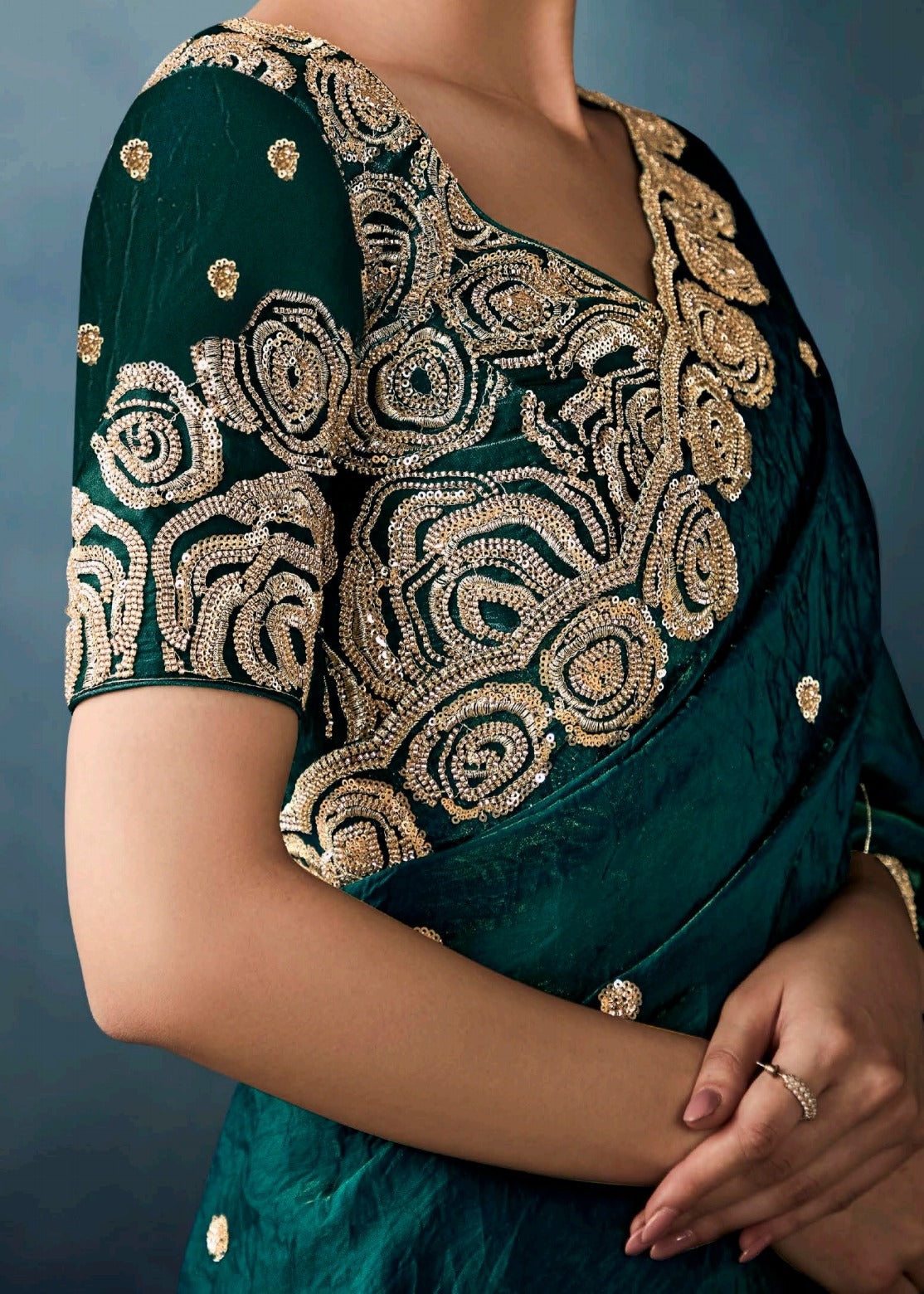 Dark Green Designer Tissue Saree With Sequins & Bead Work Embroidery