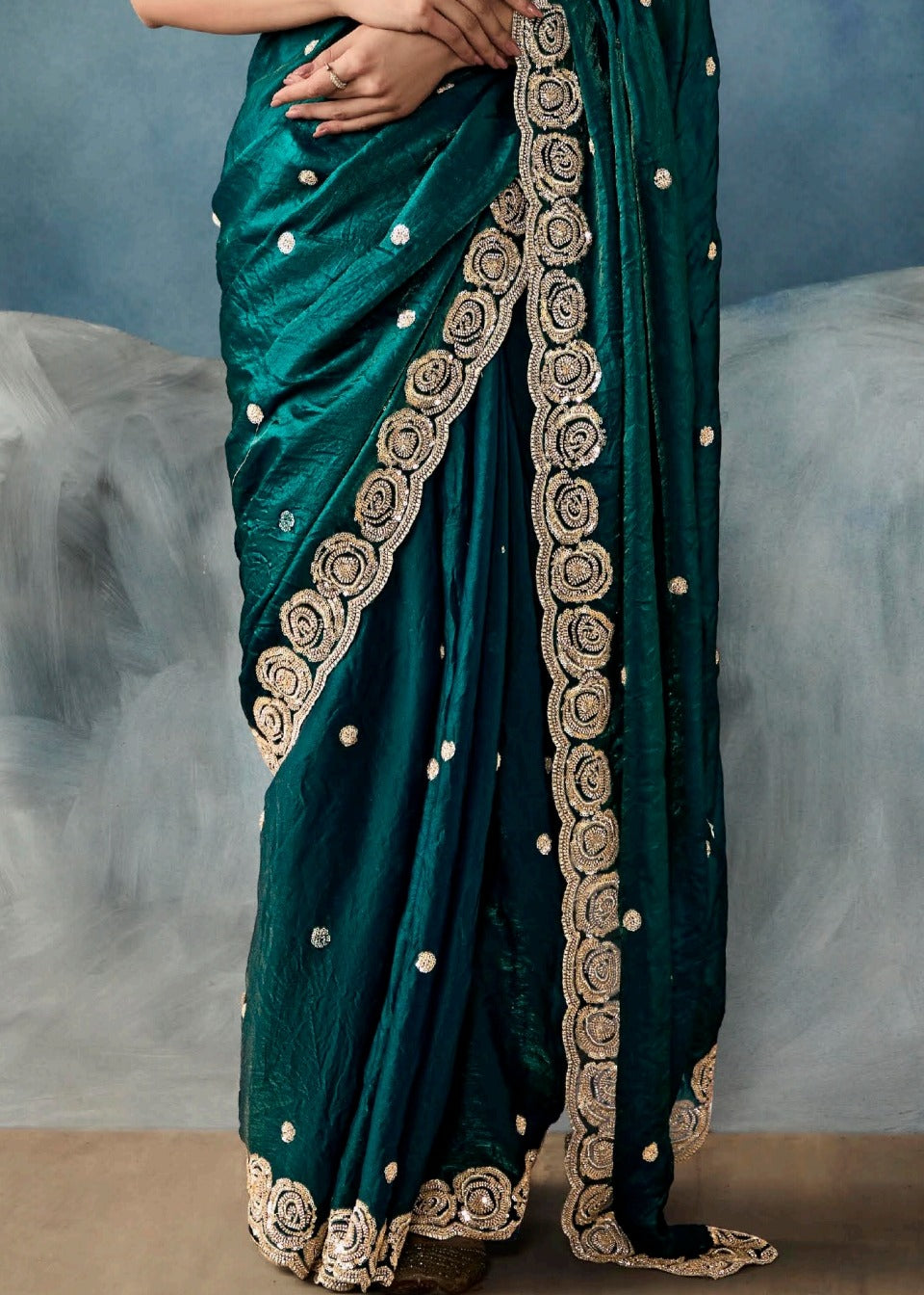 Dark Green Designer Tissue Saree With Sequins & Bead Work Embroidery