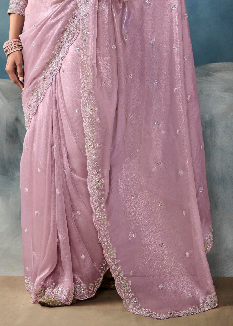 Pastel Pink Designer Tissue Saree With Sequins & Bead Work Embroidery