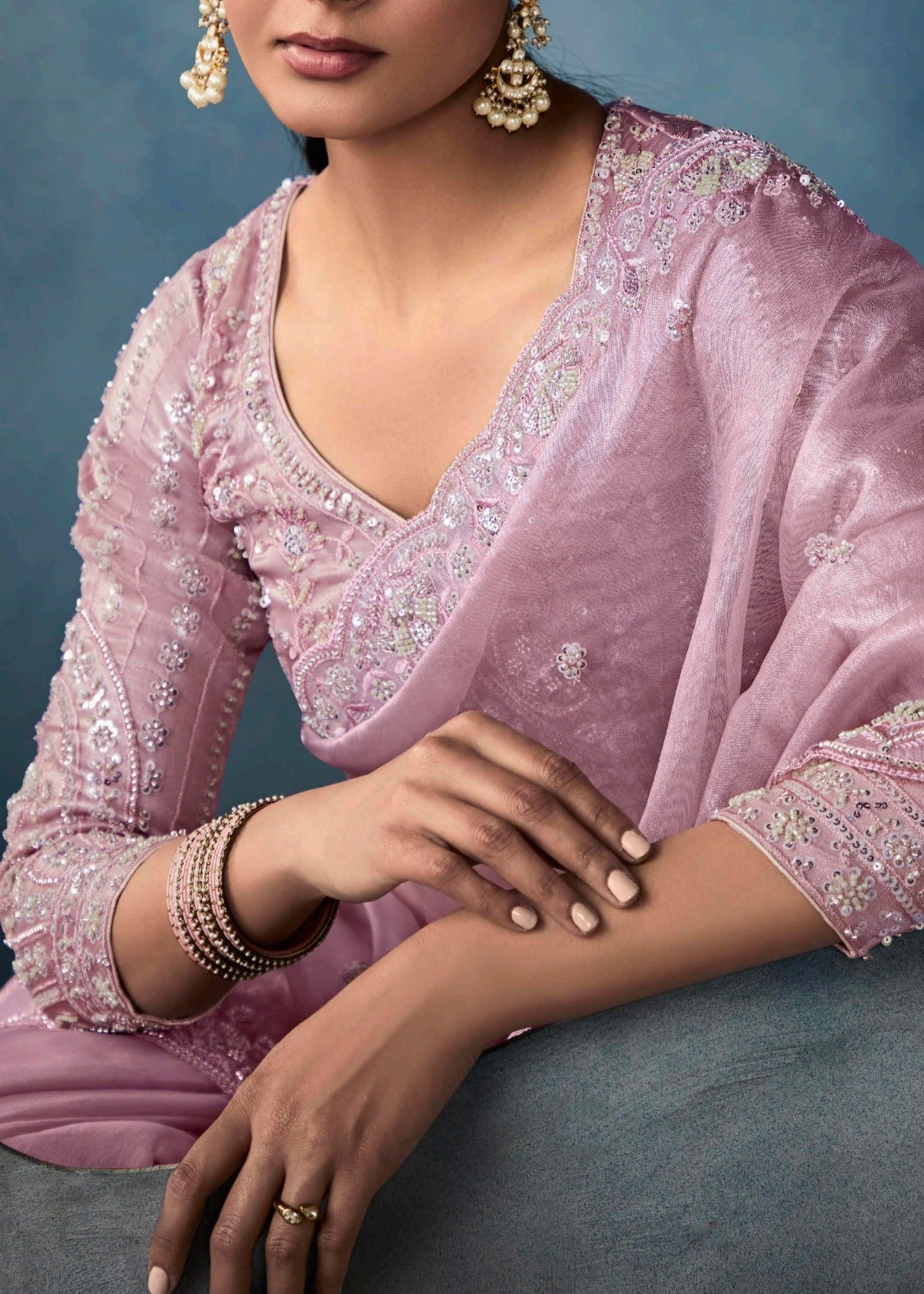 Pastel Pink Designer Tissue Saree With Sequins & Bead Work Embroidery