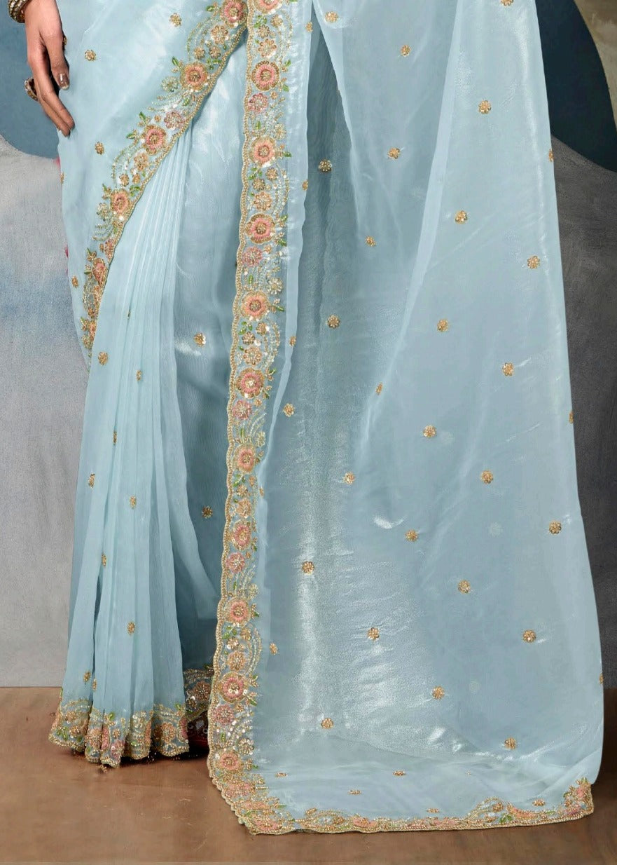 Pastel Blue Designer Tissue Saree With Sequins & Bead Work Embroidery