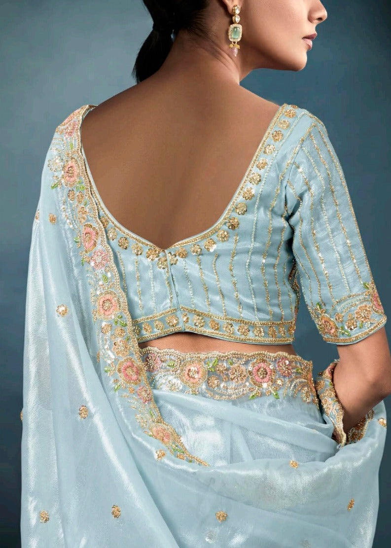 Pastel Blue Designer Tissue Saree With Sequins & Bead Work Embroidery