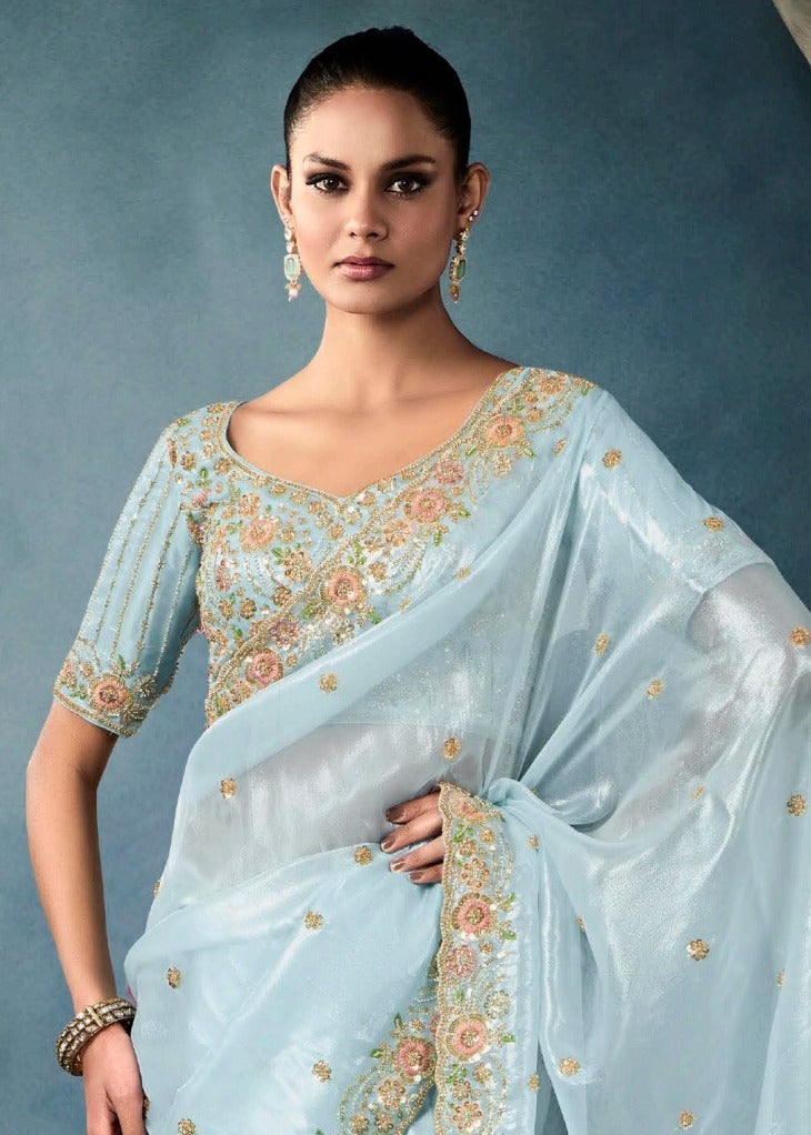 Pastel Blue Designer Tissue Saree With Sequins & Bead Work Embroidery