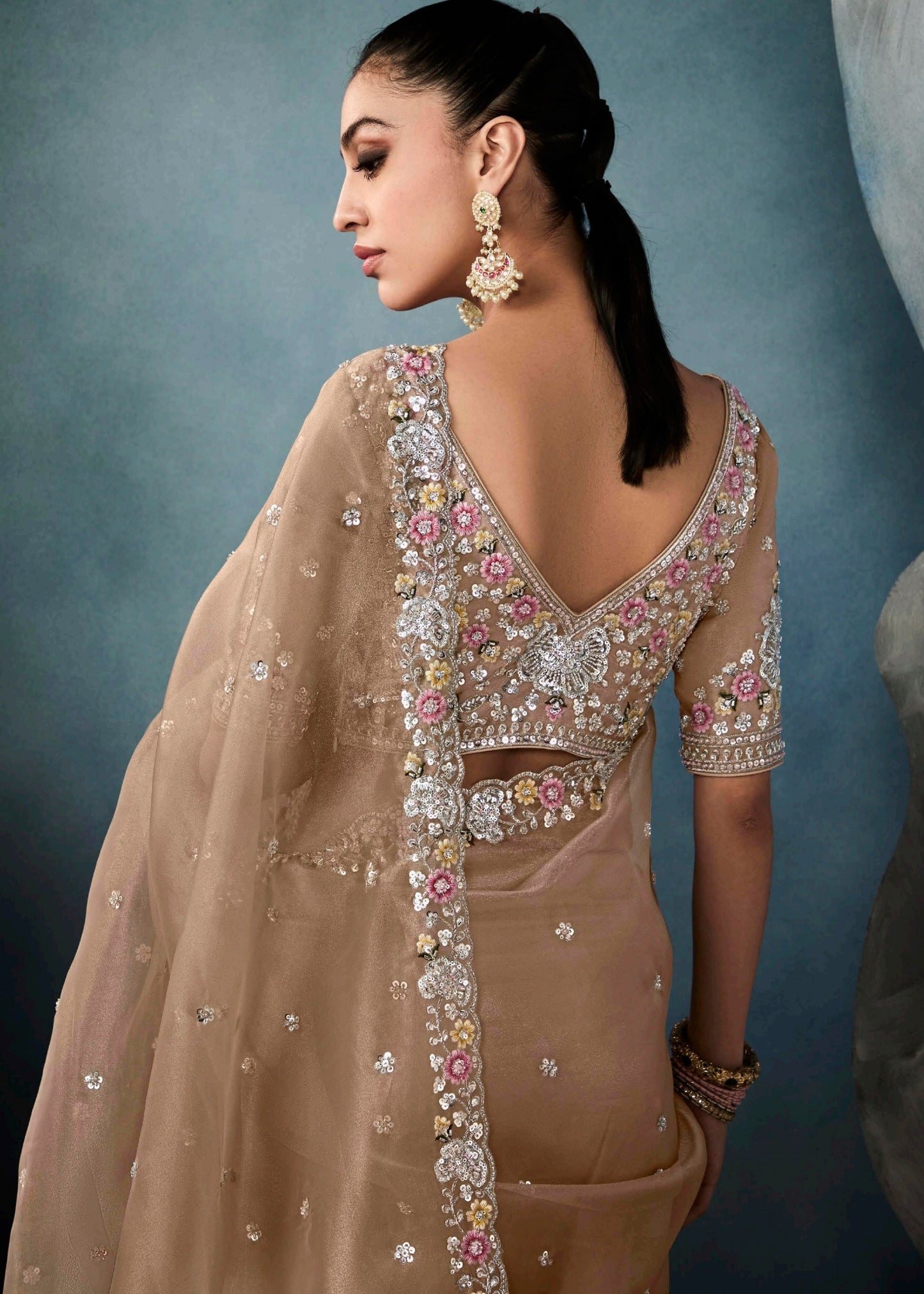 Golden Beige Designer Tissue Saree With Sequins & Bead Work Embroidery