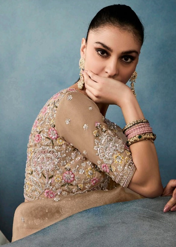 Golden Beige Designer Tissue Saree With Sequins & Bead Work Embroidery