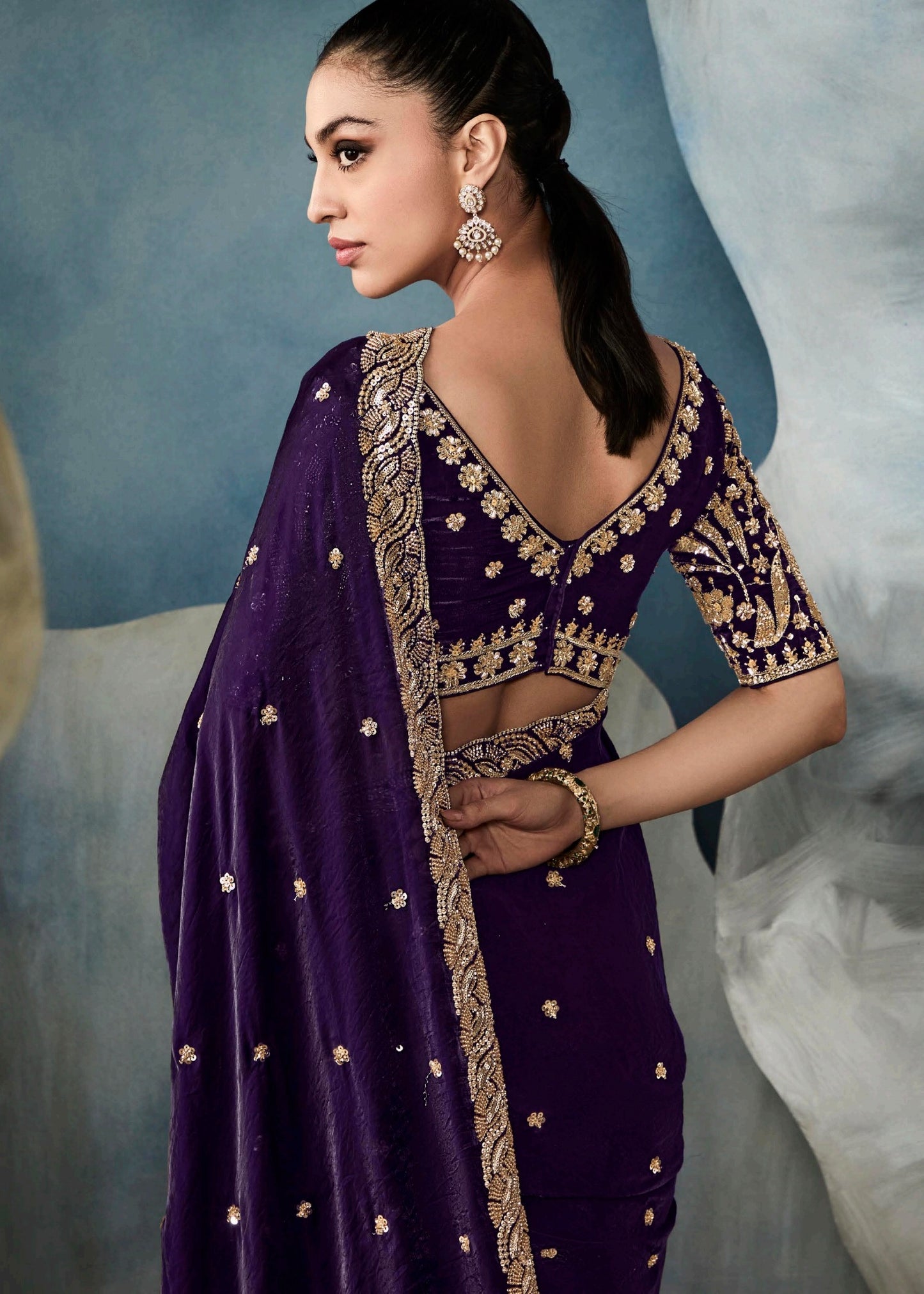Violet Purple Designer Tissue Saree With Sequins & Bead Work Embroidery