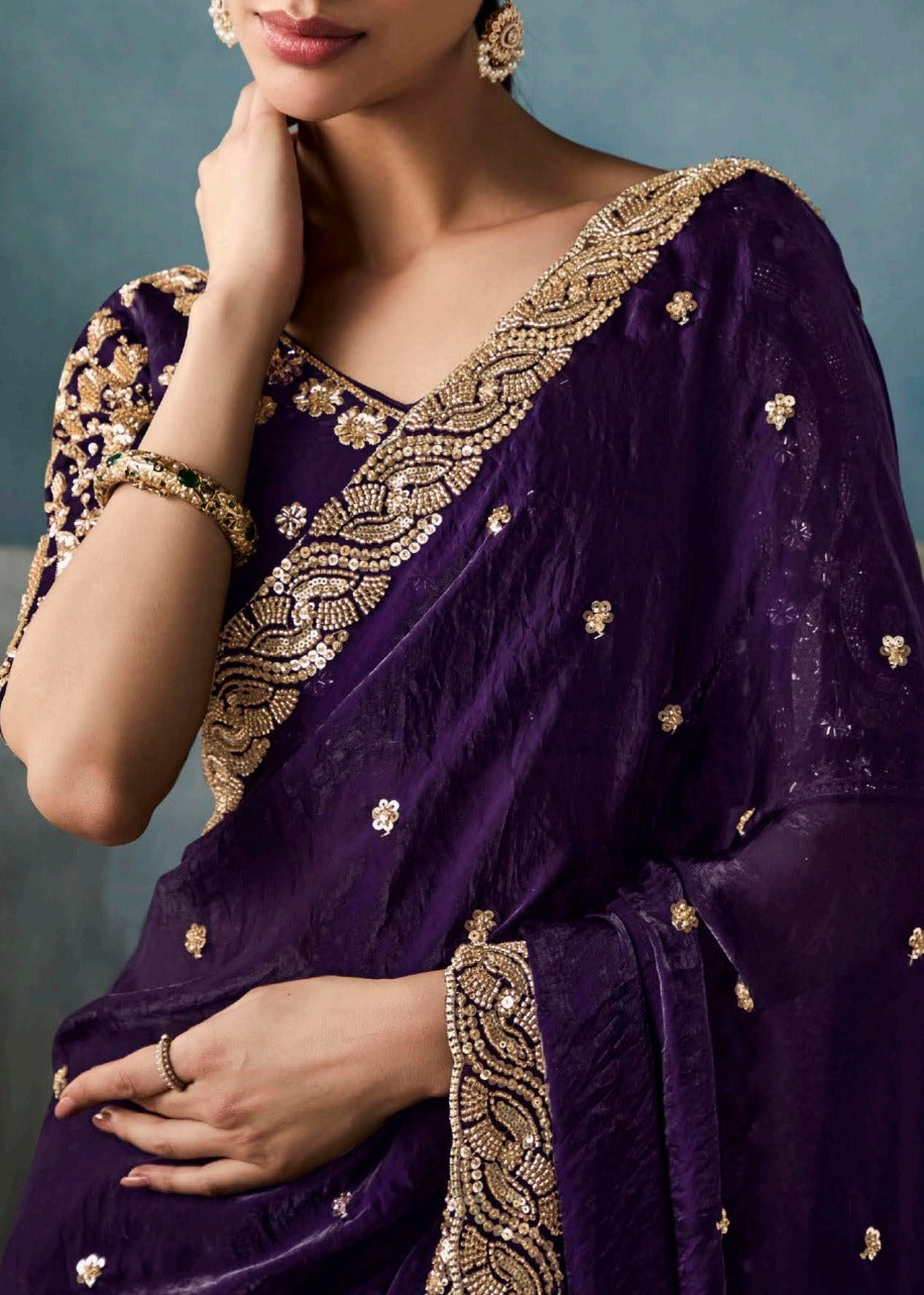 Violet Purple Designer Tissue Saree With Sequins & Bead Work Embroidery