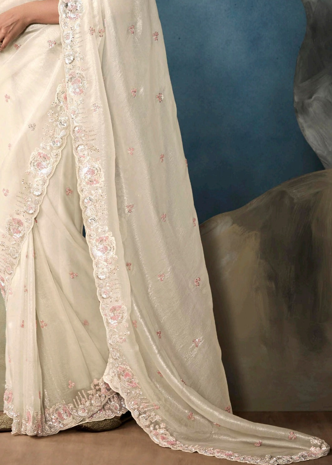 Off White Designer Tissue Saree With Sequins & Bead Work Embroidery