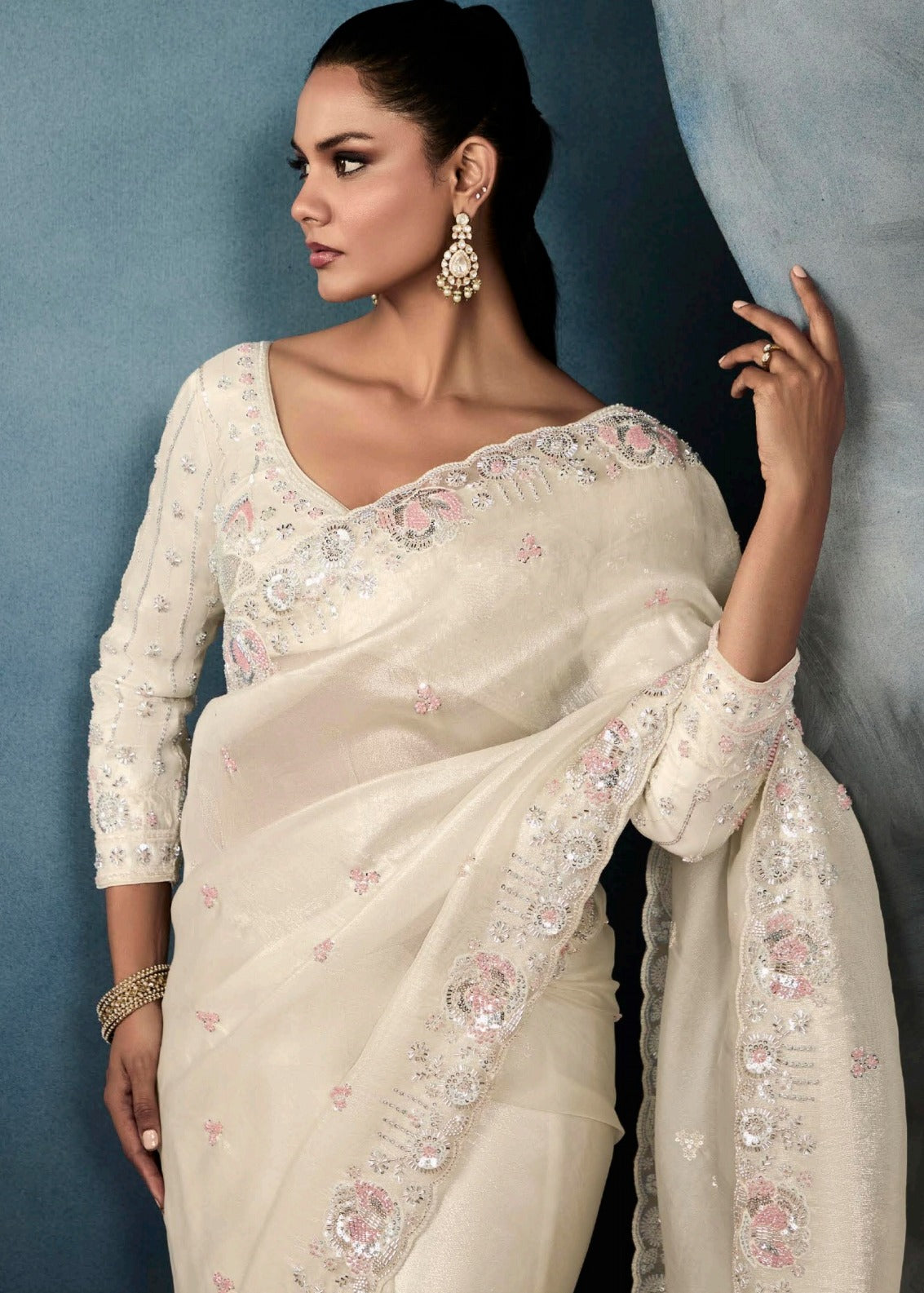 Off White Designer Tissue Saree With Sequins & Bead Work Embroidery