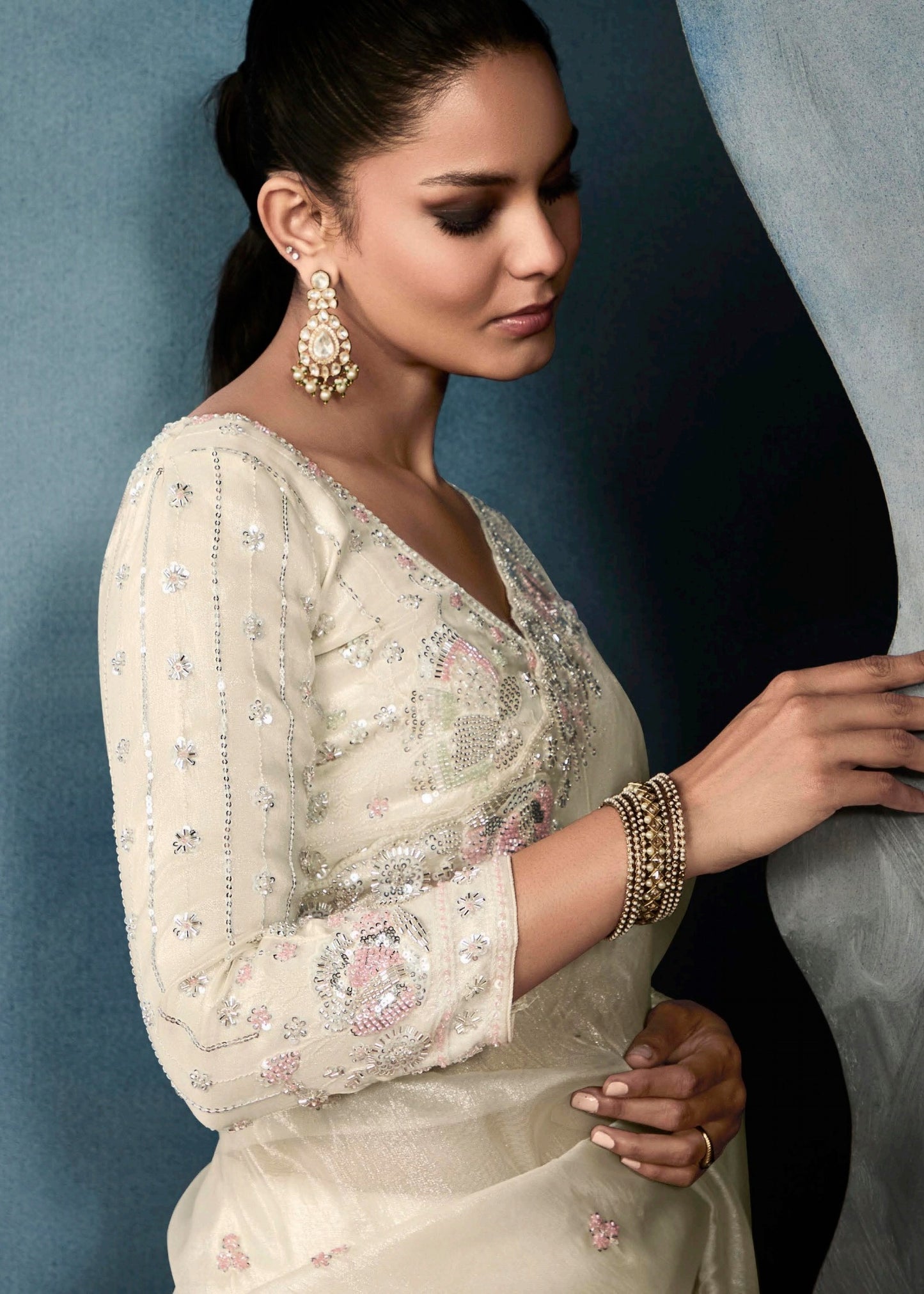 Off White Designer Tissue Saree With Sequins & Bead Work Embroidery