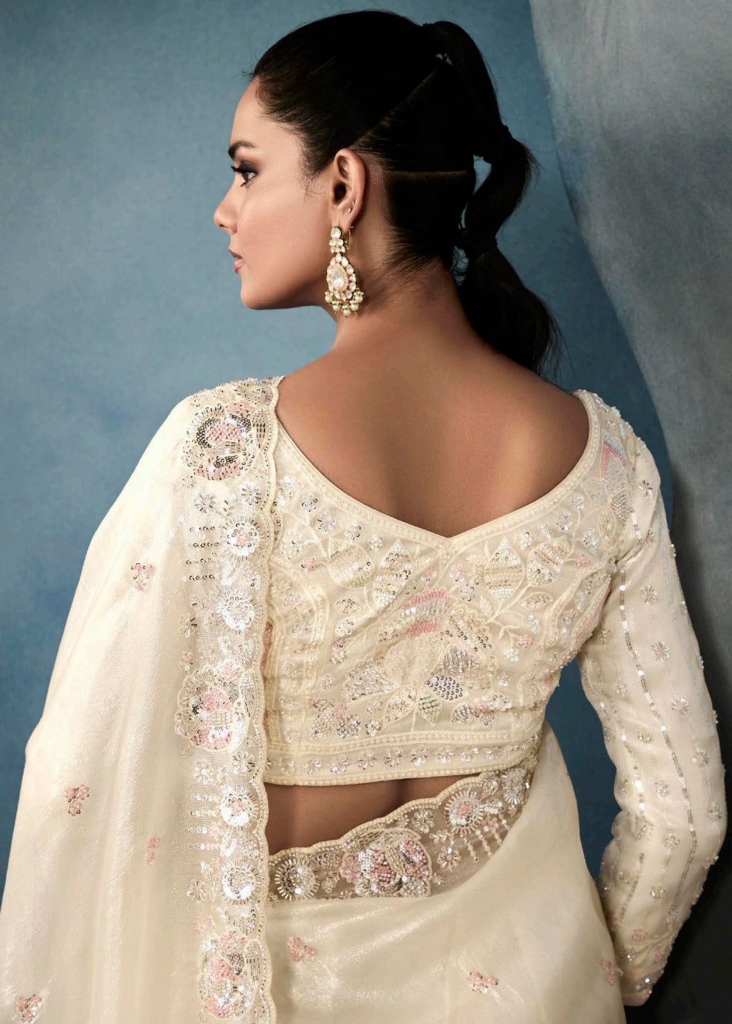 Off White Designer Tissue Saree With Sequins & Bead Work Embroidery