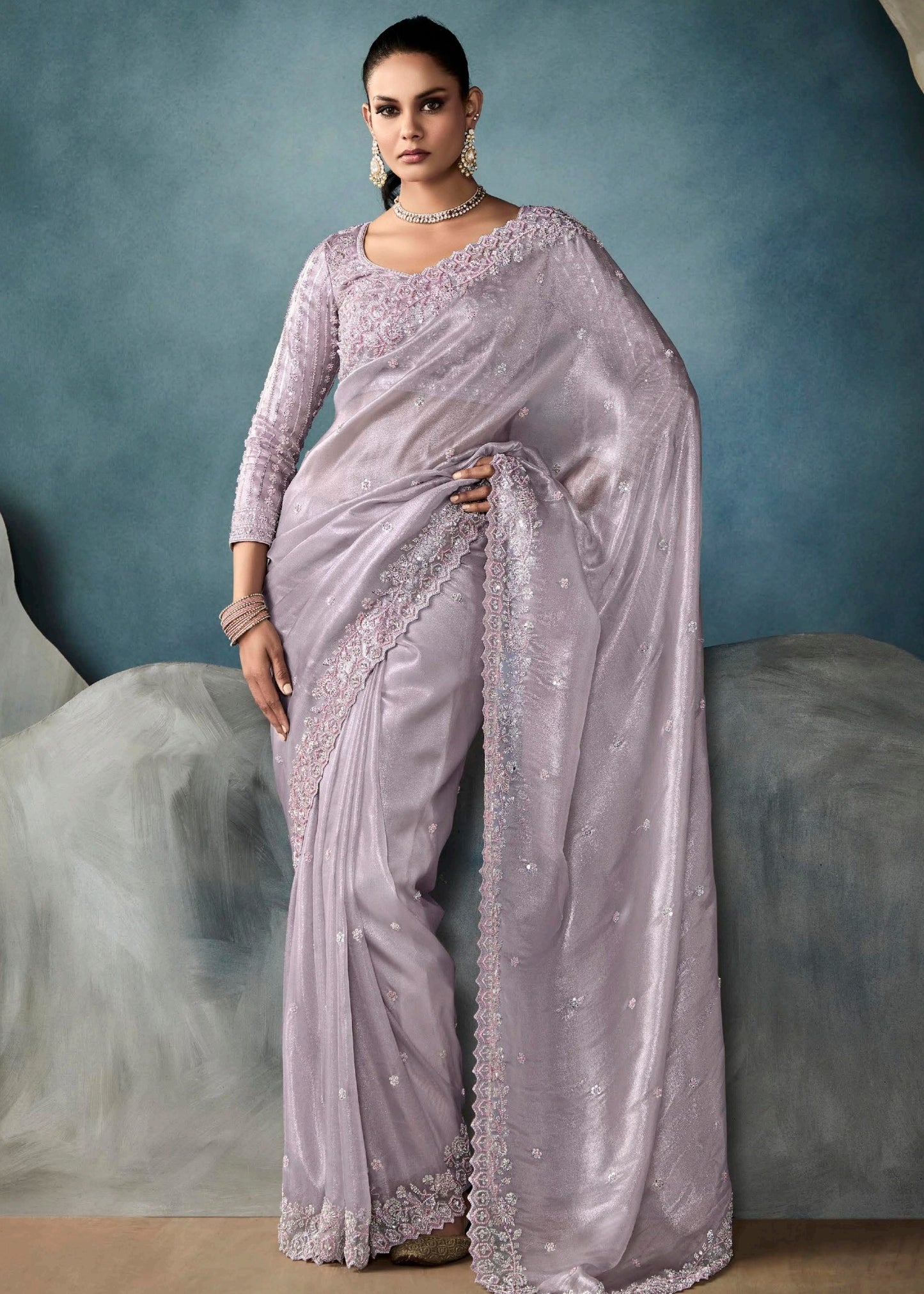 Lilac Purple Designer Tissue Saree With Sequins & Bead Work Embroidery