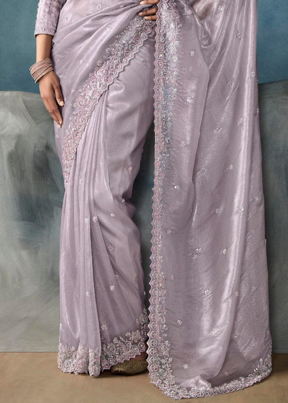 Lilac Purple Designer Tissue Saree With Sequins & Bead Work Embroidery