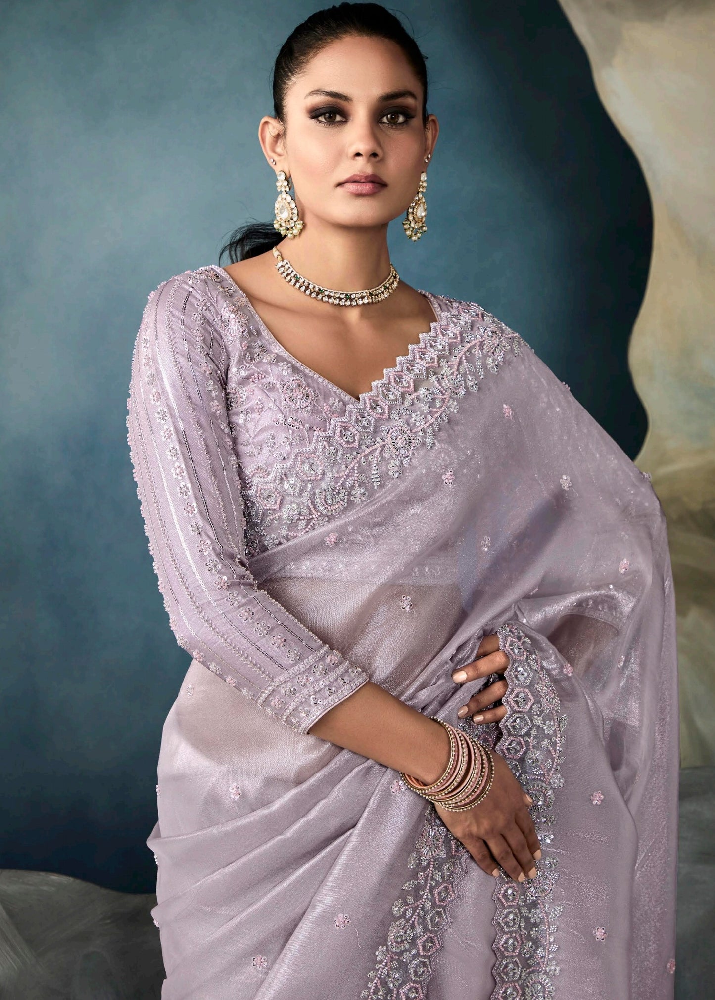 Lilac Purple Designer Tissue Saree With Sequins & Bead Work Embroidery