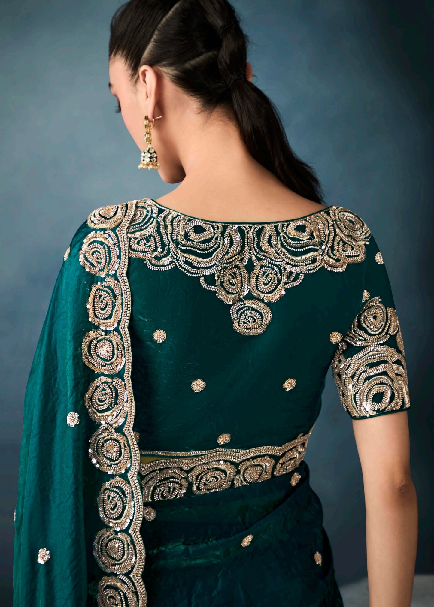 Dark Green Designer Tissue Saree With Sequins & Bead Work Embroidery