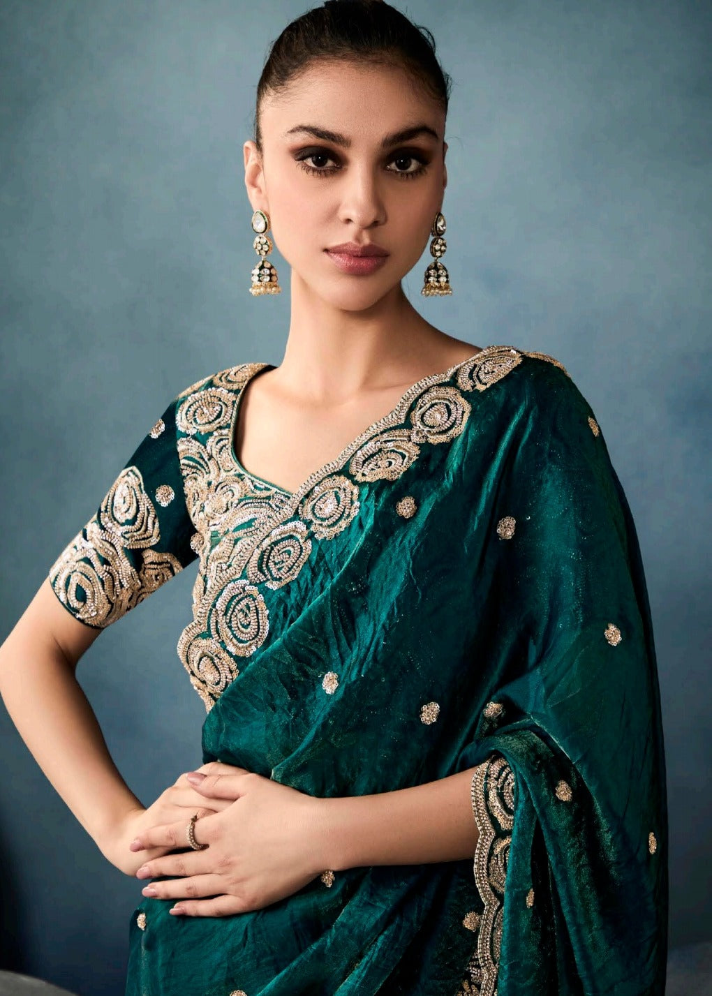 Dark Green Designer Tissue Saree With Sequins & Bead Work Embroidery
