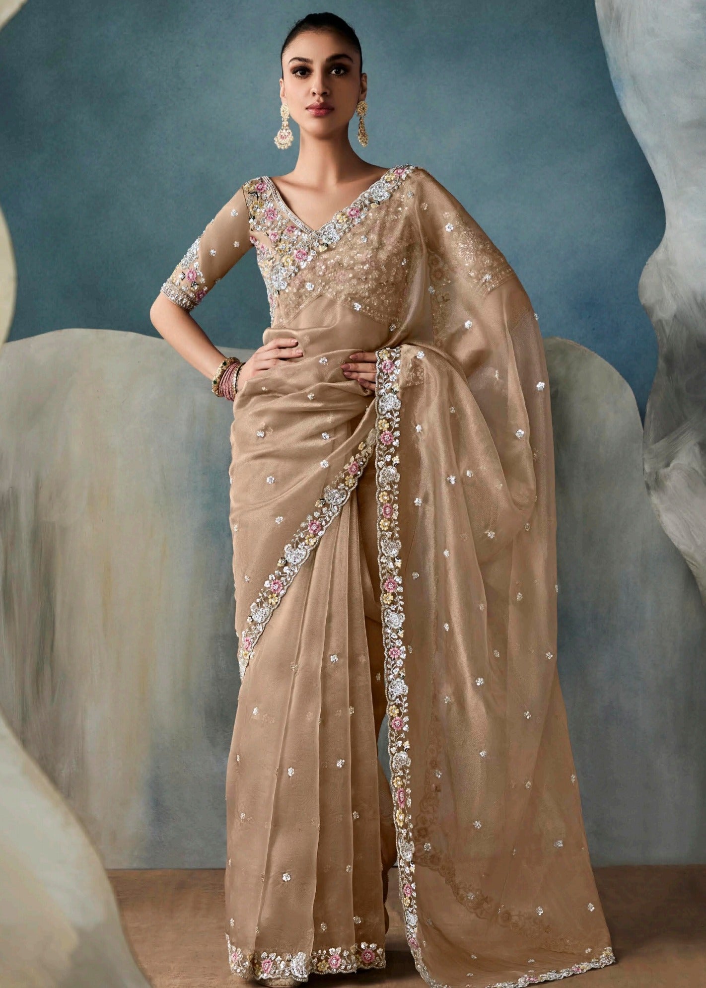 Golden Beige Designer Tissue Saree With Sequins & Bead Work Embroidery
