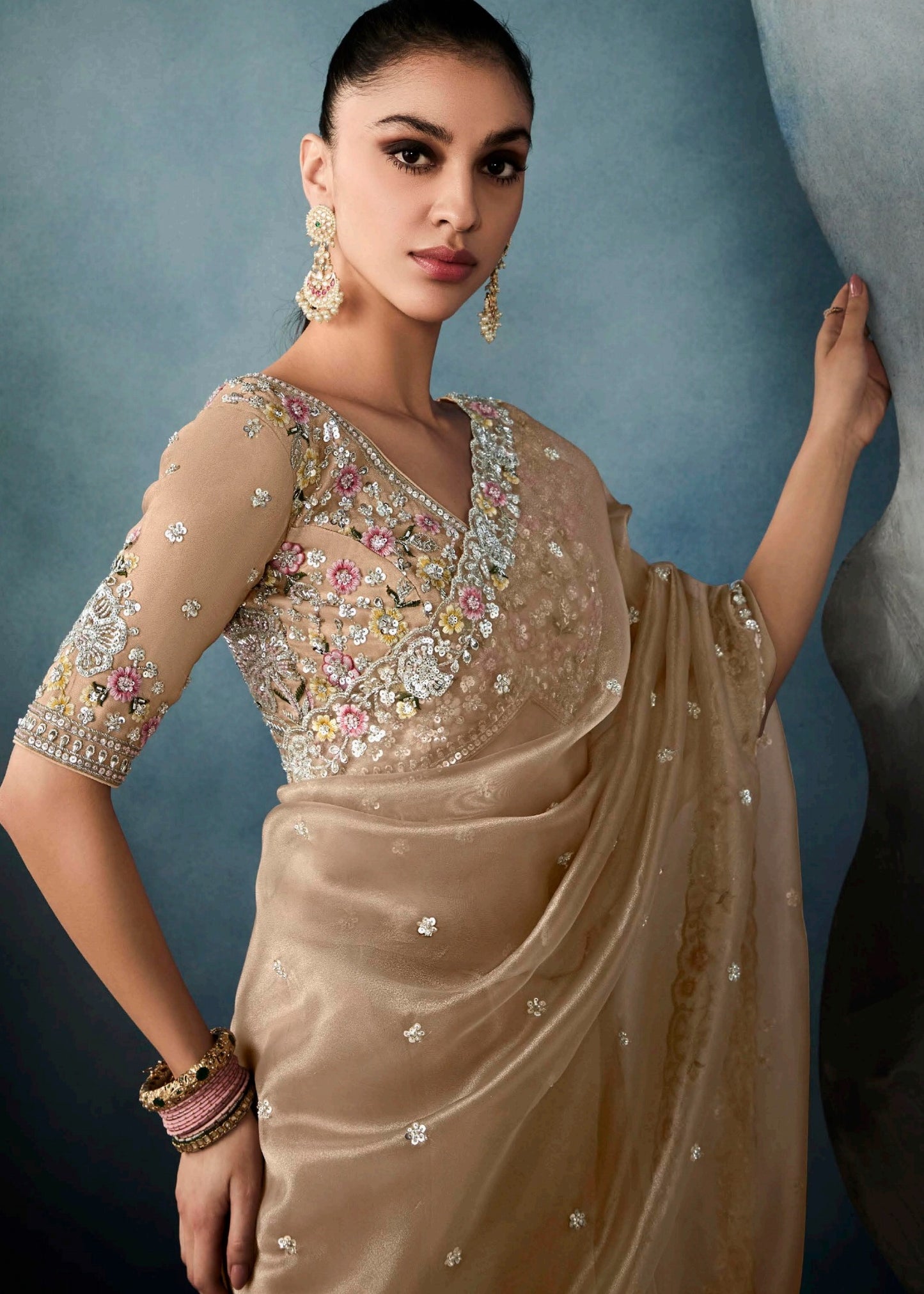 Golden Beige Designer Tissue Saree With Sequins & Bead Work Embroidery