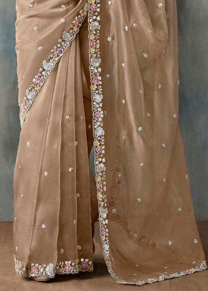 Golden Beige Designer Tissue Saree With Sequins & Bead Work Embroidery