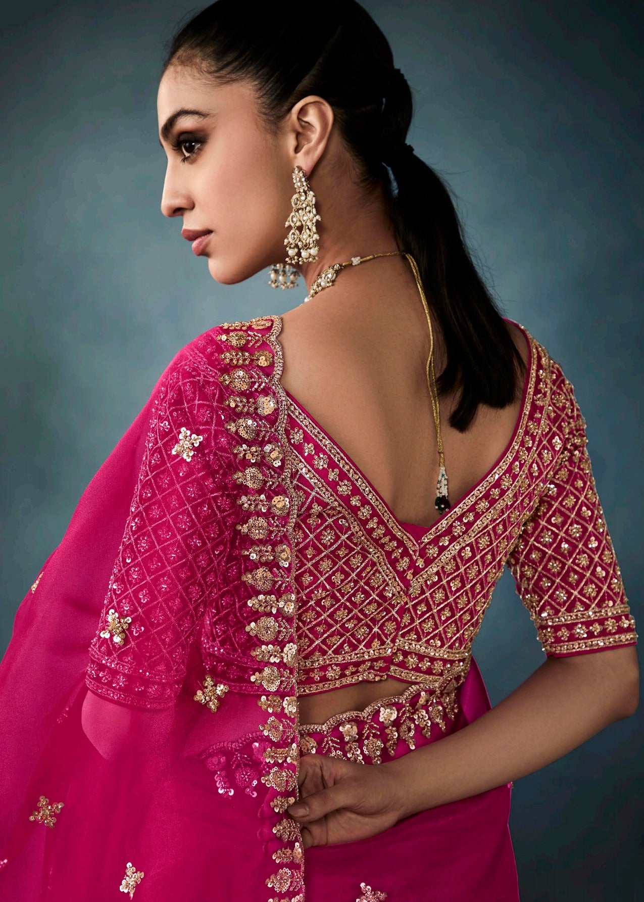 Hot Pink Designer Tissue Saree With Sequins & Bead Work Embroidery