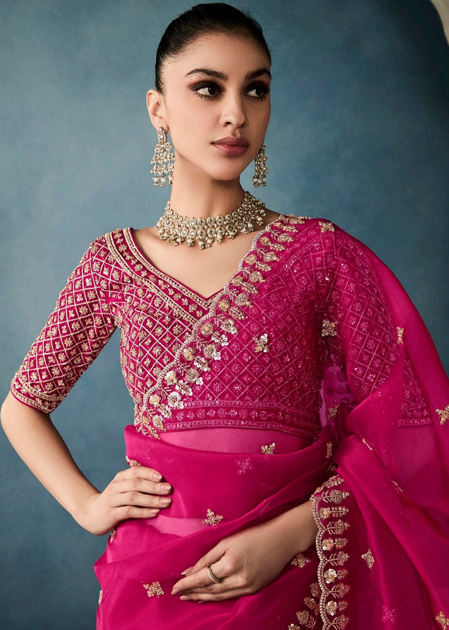 Hot Pink Designer Tissue Saree With Sequins & Bead Work Embroidery