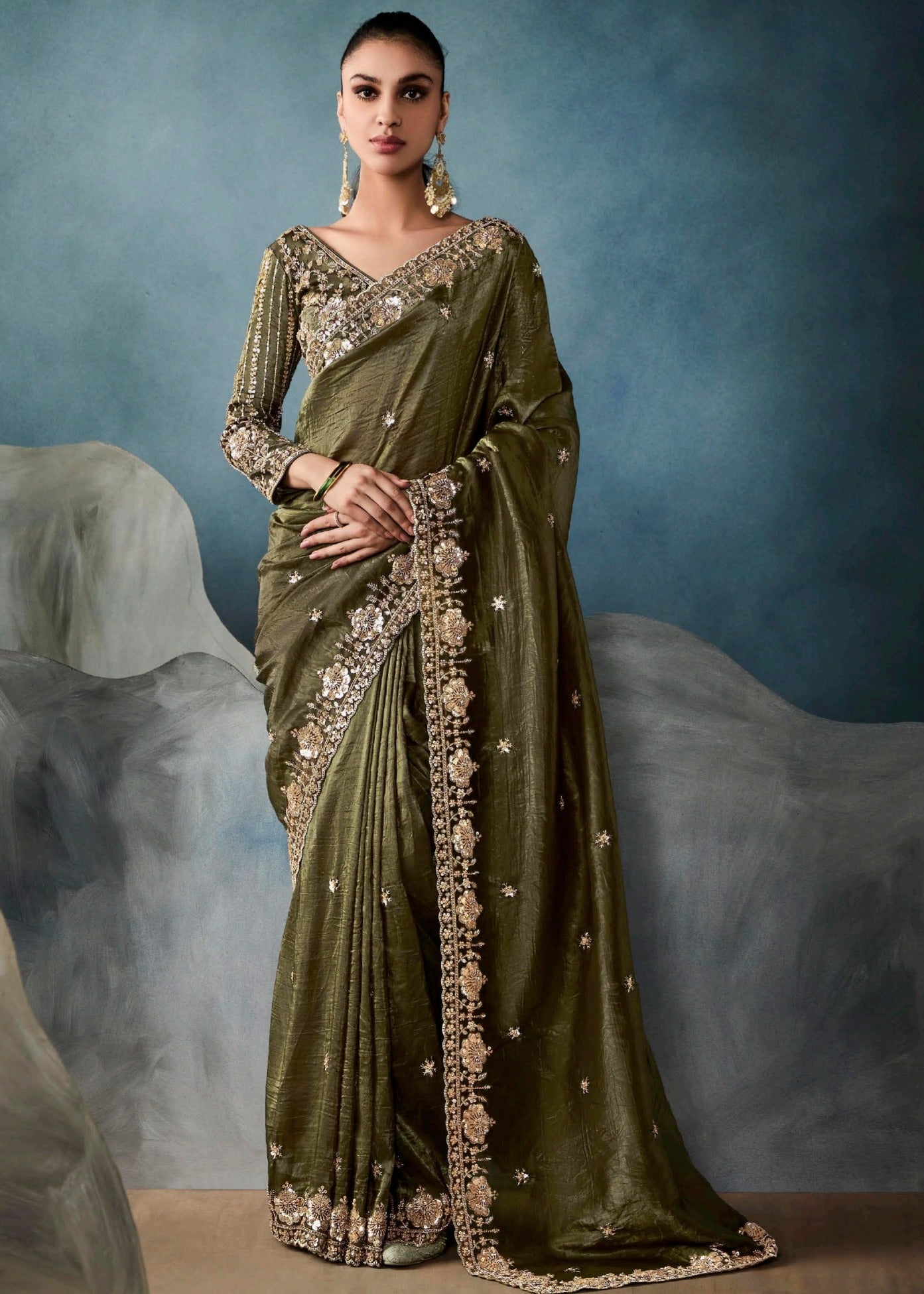 Mehendi Green Designer Tissue Saree With Sequins & Bead Work Embroidery