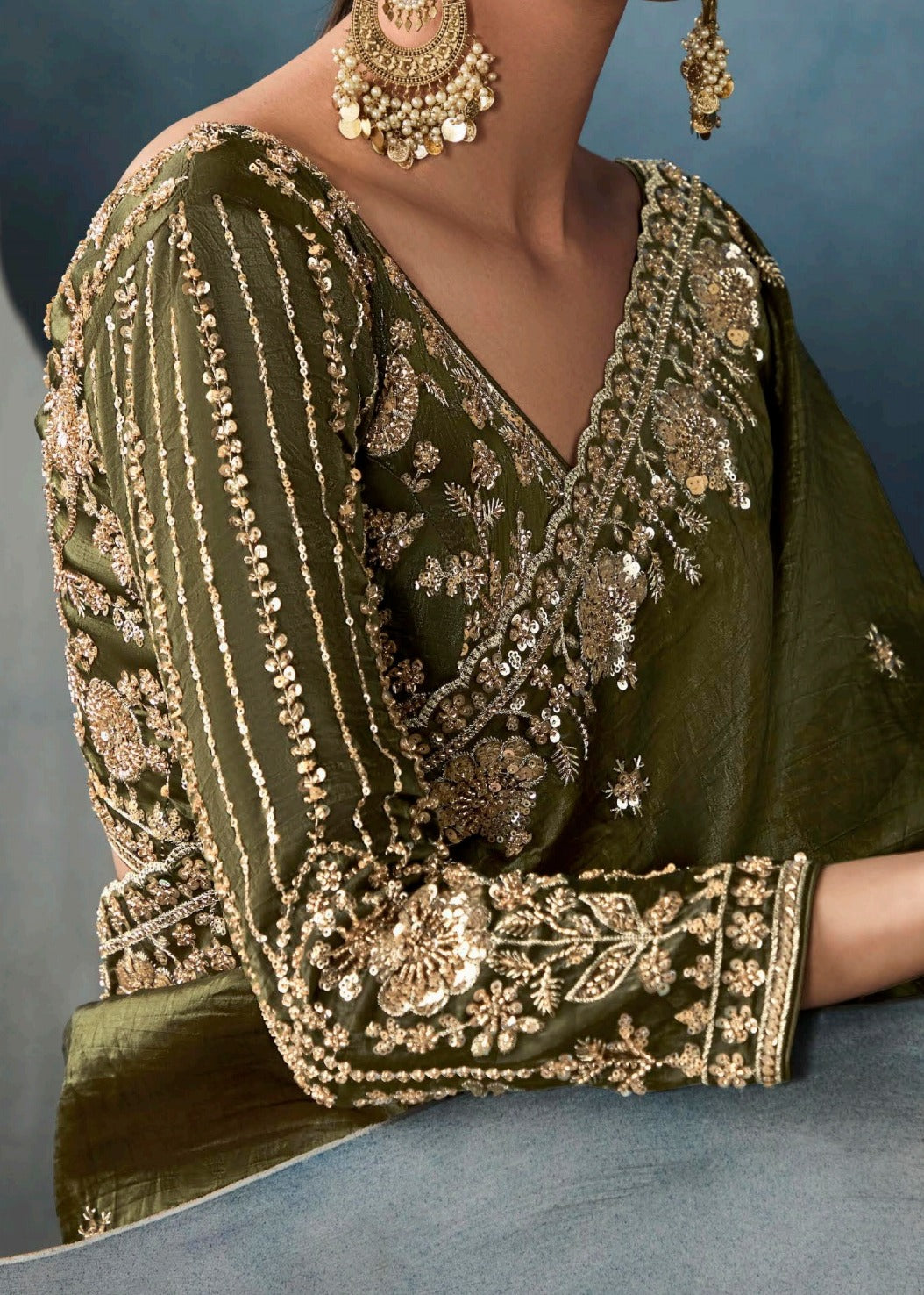 Mehendi Green Designer Tissue Saree With Sequins & Bead Work Embroidery