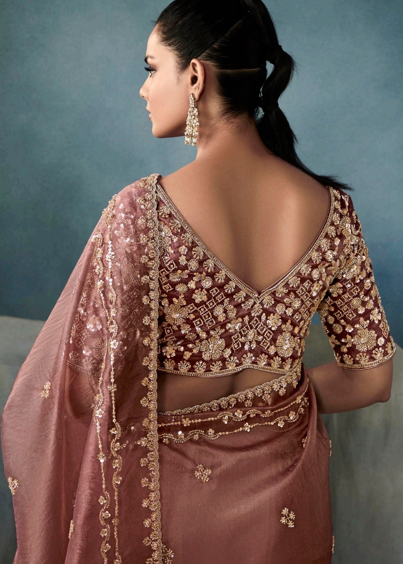 Brown Designer Tissue Saree With Sequins & Bead Work Embroidery