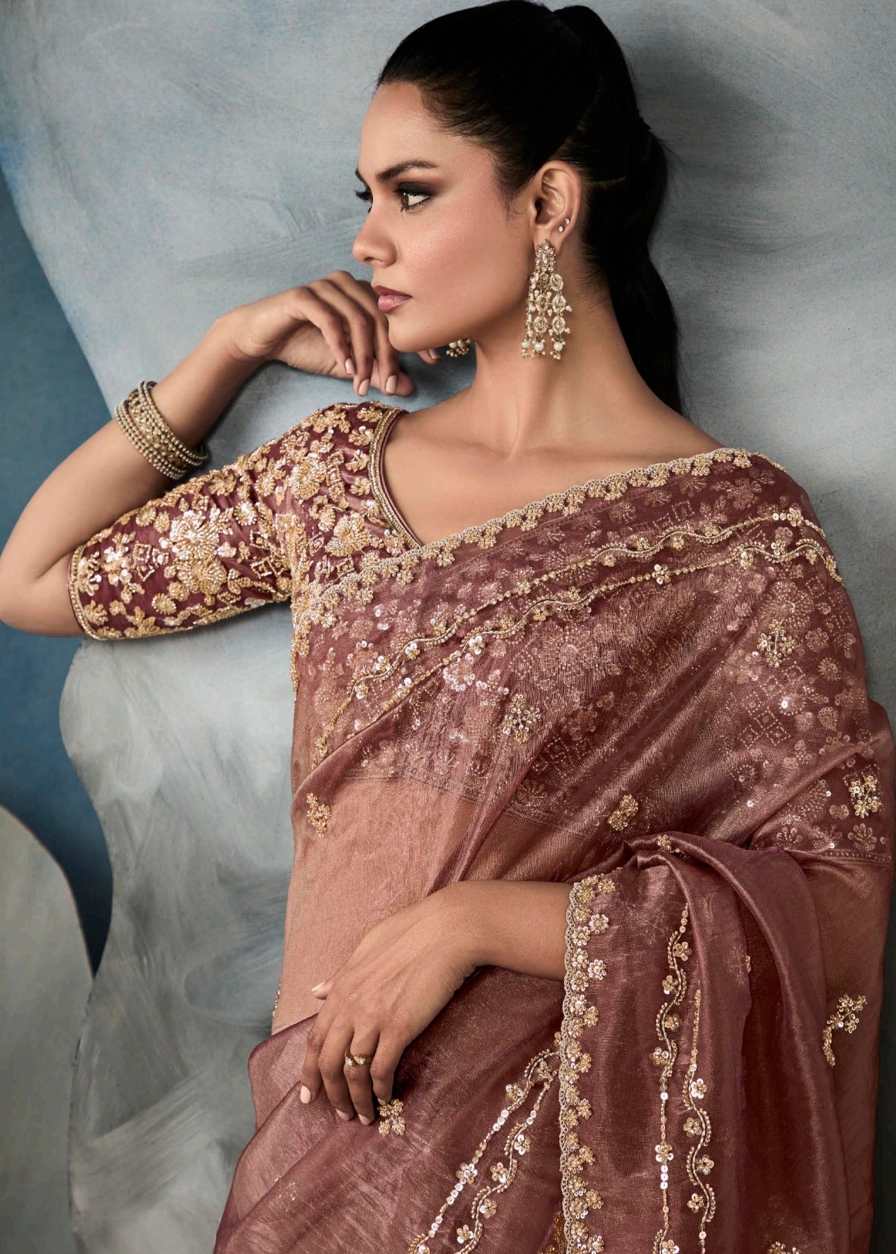 Brown Designer Tissue Saree With Sequins & Bead Work Embroidery